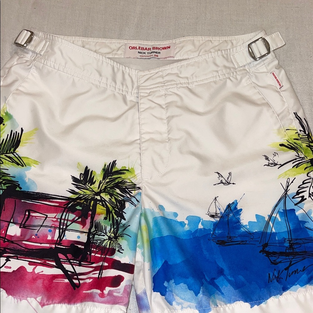 0701100 ORLEBAR BROWN x Bulldog Nick Turner Illustration Scene Swim Trunks SZ 28